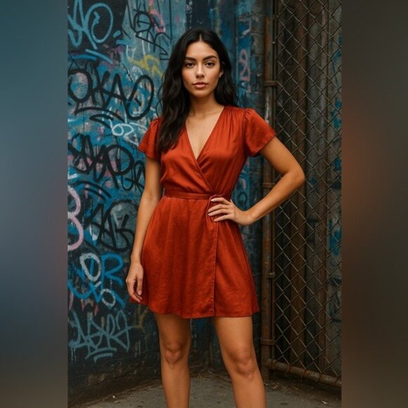 Urban Outfitters Rust Satin Wrap Dress Short Sleeve Size Medium Boho Autumncore - Picture 11 of 11